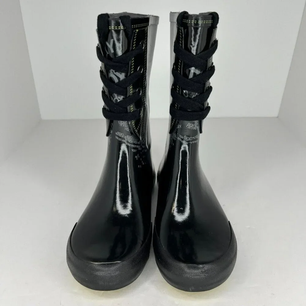 Roxy Womens Drizzle Black Lace Up Rubber Mid Calf Slip On Size 7 Rain Boots